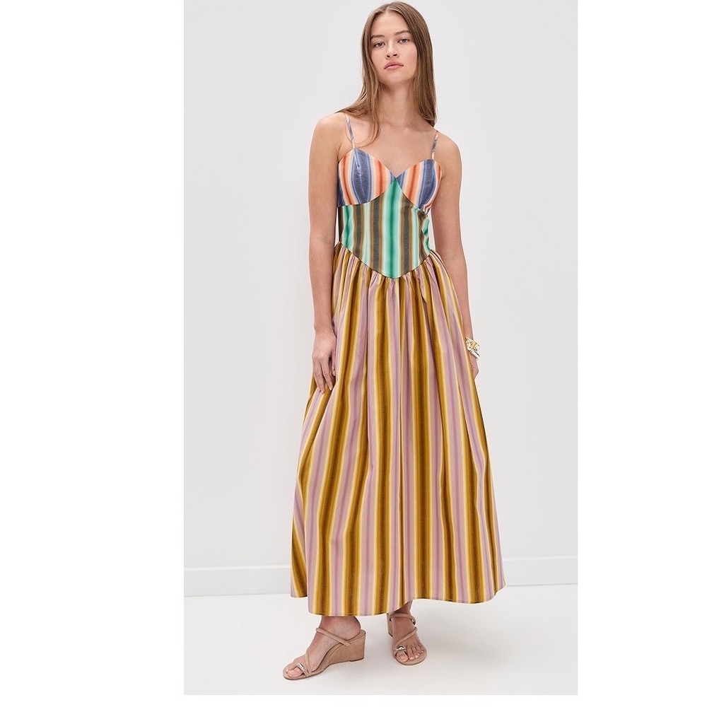 CeliaB Duku Midi Dress XS Multi Color Stripe Strappy Bustier Cotton Pockets NEW